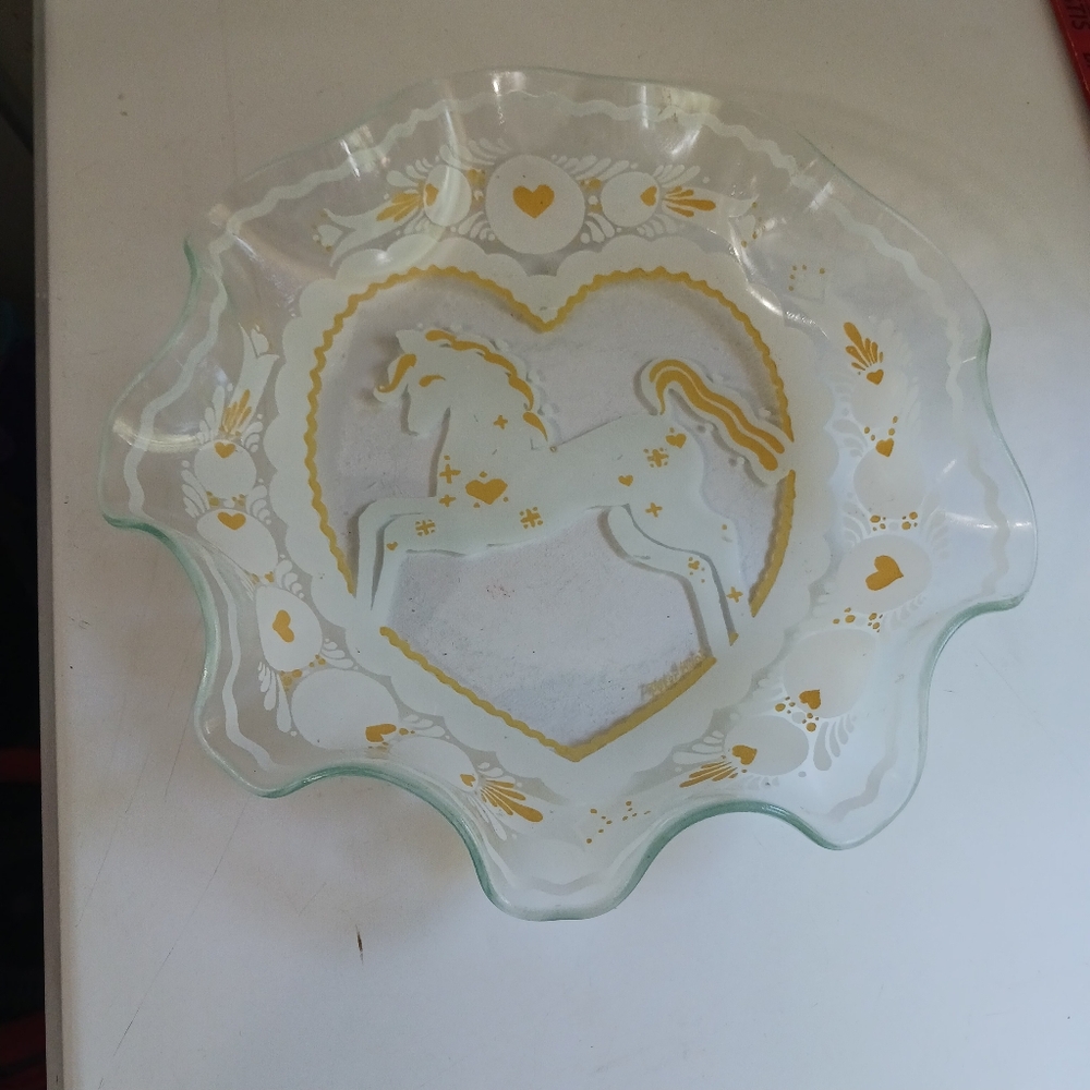 Glass Bowl Folk Art Peter Hunt Sign Glass Ruffleb Horse Heart Floral Tulip Baby